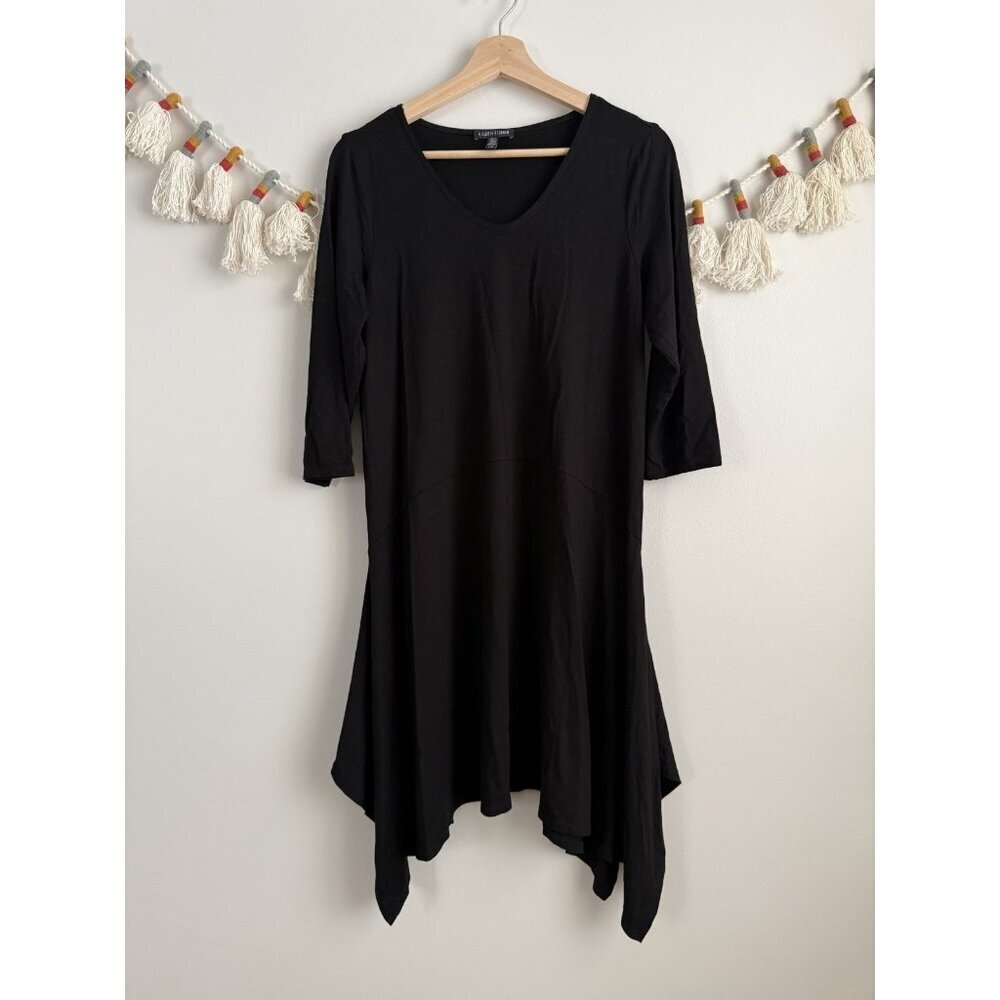 Eileen Fisher Jersey Handkerchief Hem 3/4 Sleeve Shirtdress Relaxed Minimalist L